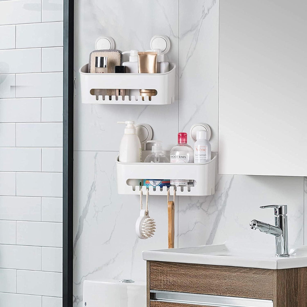 Lifestyle image of the ilikable shower caddy in use in a modern bathroom setting, keeping essentials organized