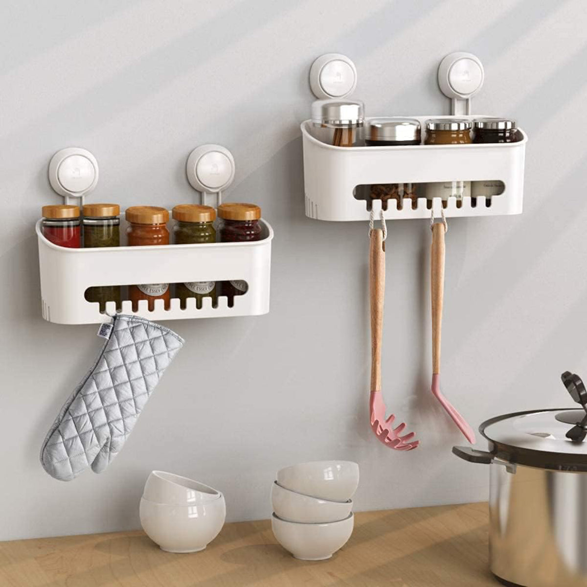 suction caddy used in ditch to organise spices and hang mits