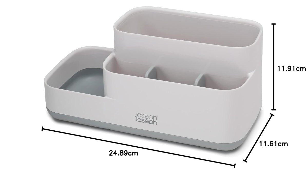 Diagram showing the dimensions of the Joseph Joseph EasyStore Bathroom Caddy, emphasizing its compact size