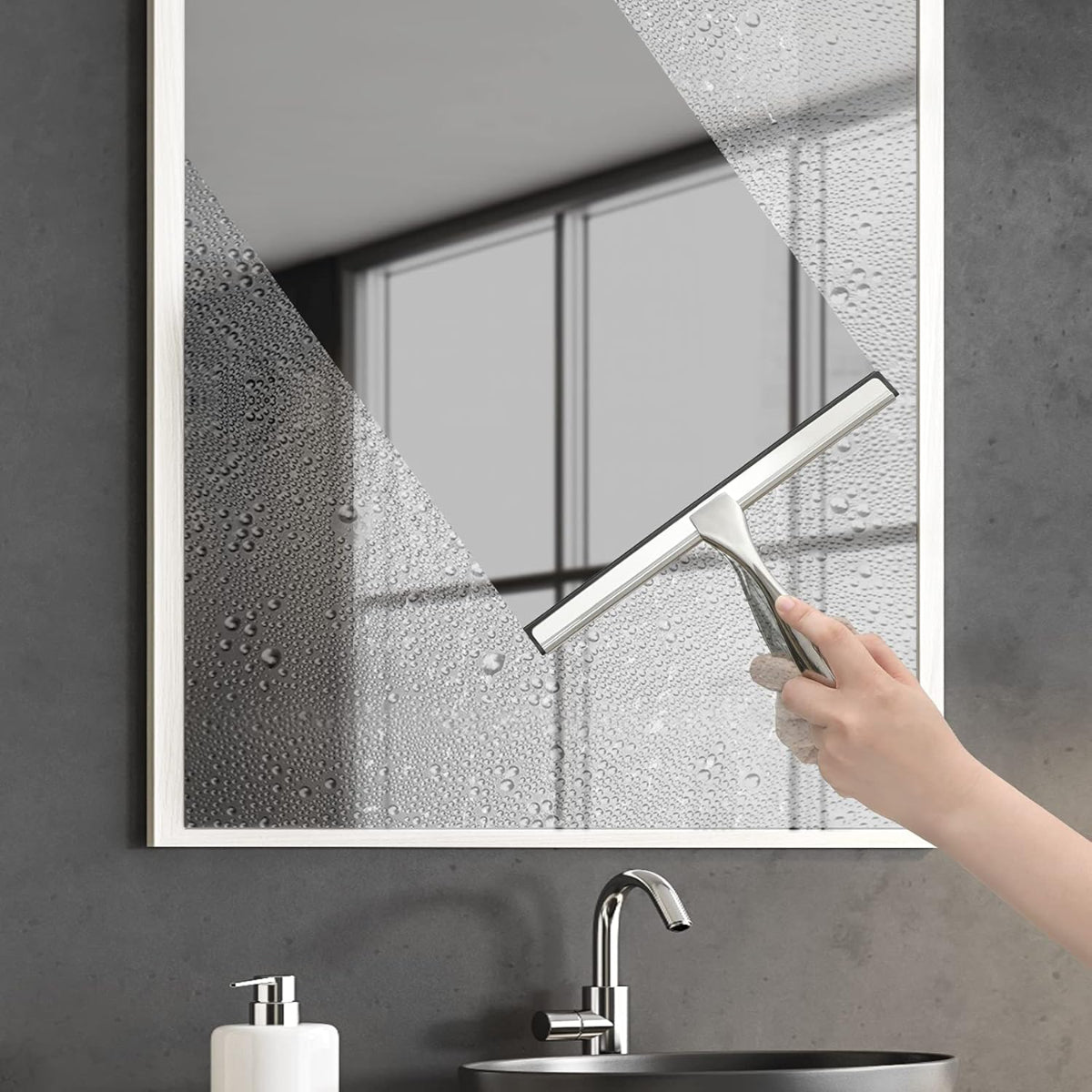 Hiware Squeegee Removing Fog from Bathroom Mirror