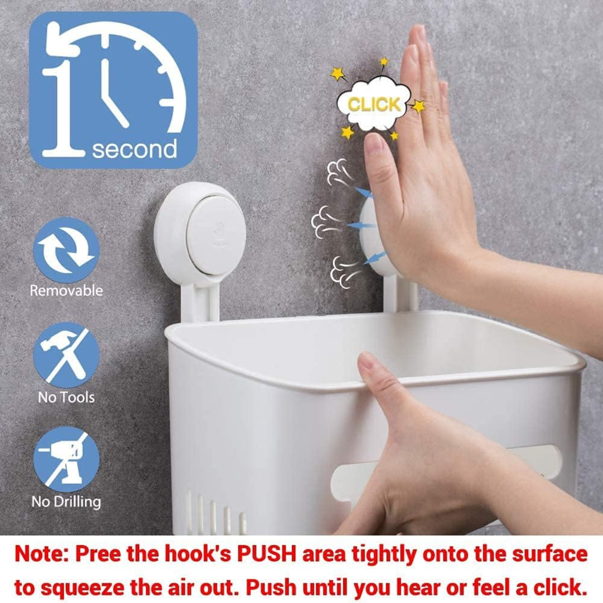 Step-by-step guide showing how to install the ilikable no-drill shower organizer with a simple push method."