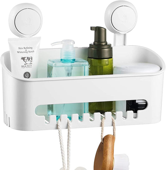 White ilikable shower caddy with heavy duty suction cups holding shampoo and conditioner bottles