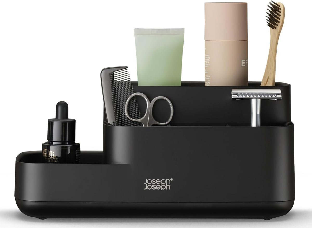 Close-up view of the Joseph Joseph EasyStore Caddy's compartments, showing various sizes and depths for different items