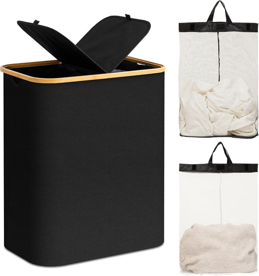 A gray Famyards double laundry hamper with a lid, bamboo handles, and a removable inner bag, displayed in different states of opening.