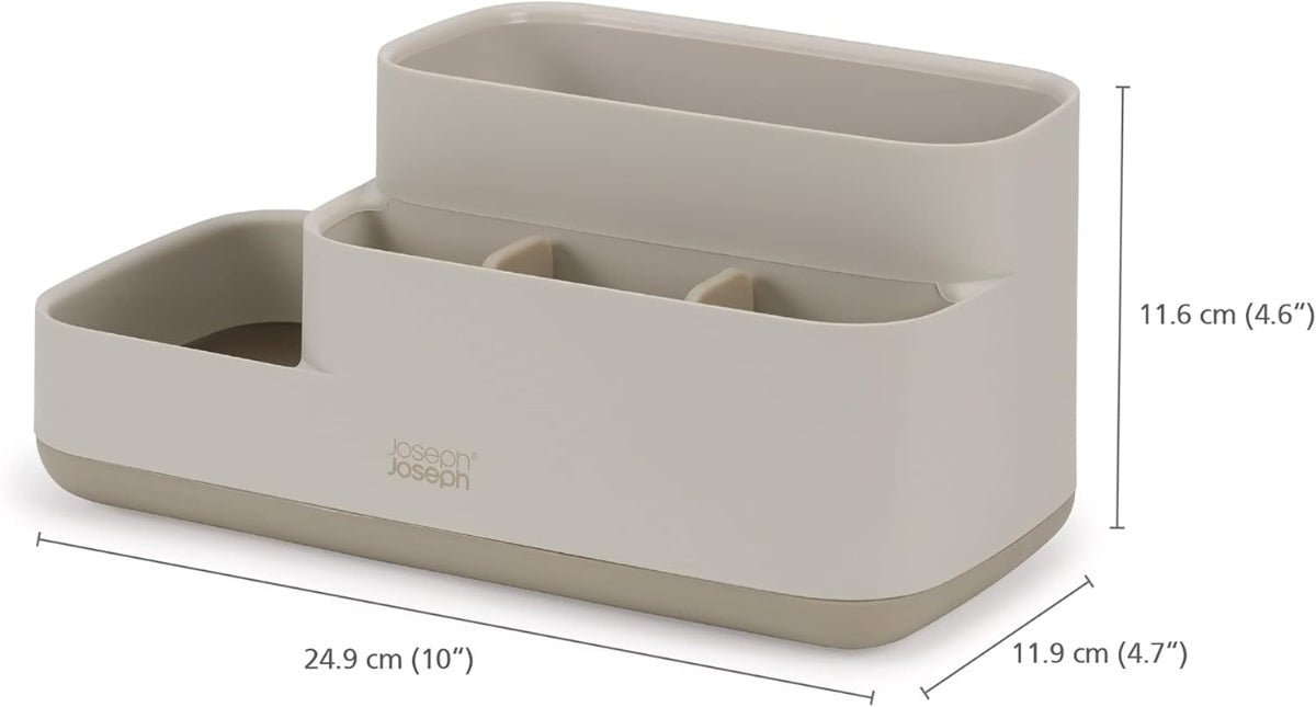 Diagram showing the dimensions of the Joseph Joseph EasyStore Bathroom Caddy, emphasizing its compact size