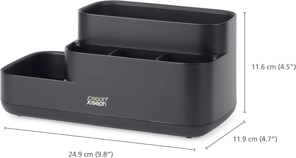 Diagram showing the dimensions of the Joseph Joseph EasyStore Bathroom Caddy, emphasizing its compact size