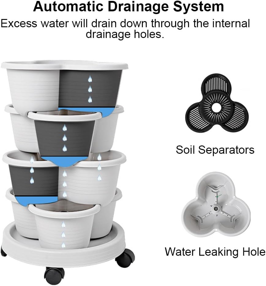 SpringUp 5 Tier Vertical Garden Strawberry Stackable Planters Herbs Petunias Pancy, Vegetable Planter Indoor Outdoor Gardening Pots with Removable Wheels and Tools (White)