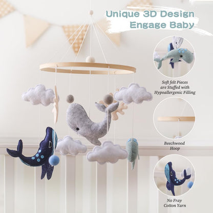 Beechwood Crib Mobile Holder - 360° Rotate, Adjustable Arm - Natural Wood, Minimalist - For Cribs No Side Rails - Baby Nursery Decor