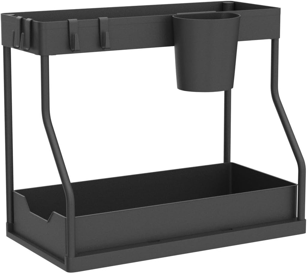 Puricon 2 Pack Under Sink Organizer, 2-Tier L-Shape Sliding Under Sink Organizers and Storage, Under Counter Storage Organizer Pull Out Under Sink Storage for Kitchen Bathroom -Black