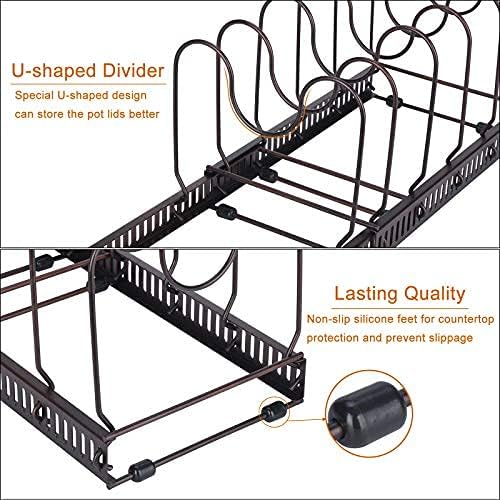 Toplife Expandable Pans Organizer Rack, 10 Adjustable Compartments, Cookware Holder for Pantry or Cabinet, Black