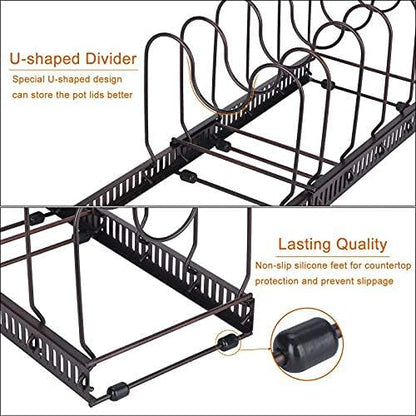 Toplife Expandable Pans Organizer Rack, 10 Adjustable Compartments, Cookware Holder for Pantry or Cabinet, Black