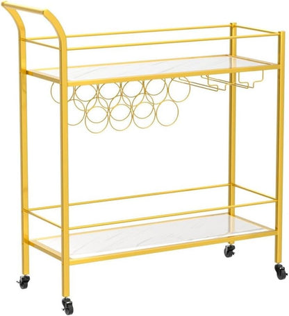 Drinks Trolley on Wheels | Gold 2-Tier Bar Cart with Wine Racks