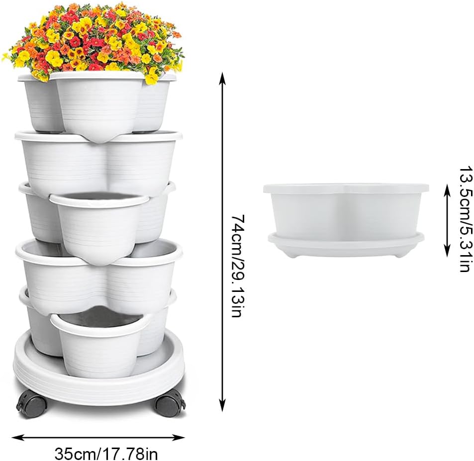 SpringUp 5 Tier Vertical Garden Strawberry Stackable Planters Herbs Petunias Pancy, Vegetable Planter Indoor Outdoor Gardening Pots with Removable Wheels and Tools (White)