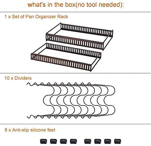 Toplife Expandable Pans Organizer Rack, 10 Adjustable Compartments, Cookware Holder for Pantry or Cabinet, Black