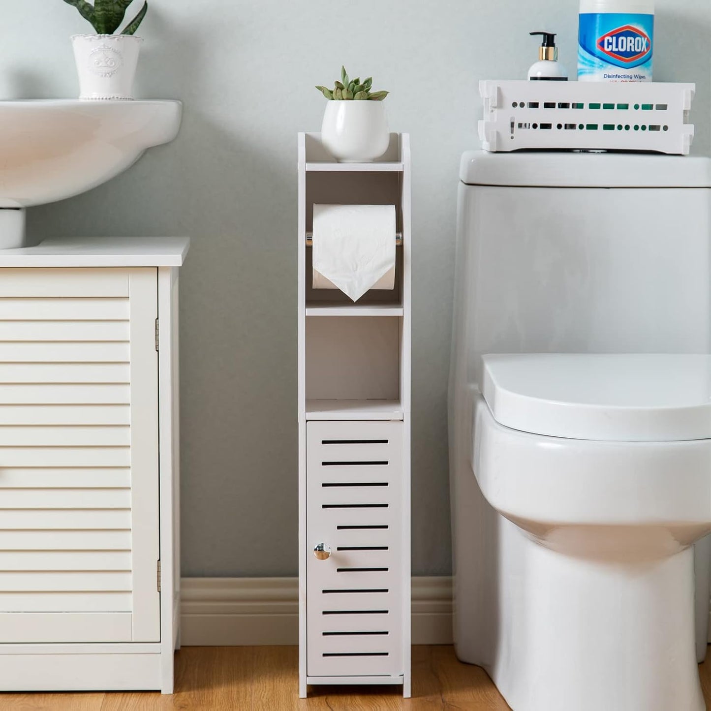 Freestanding Toilet Paper Storage with Phone Holder | Small Bathroom Organiser