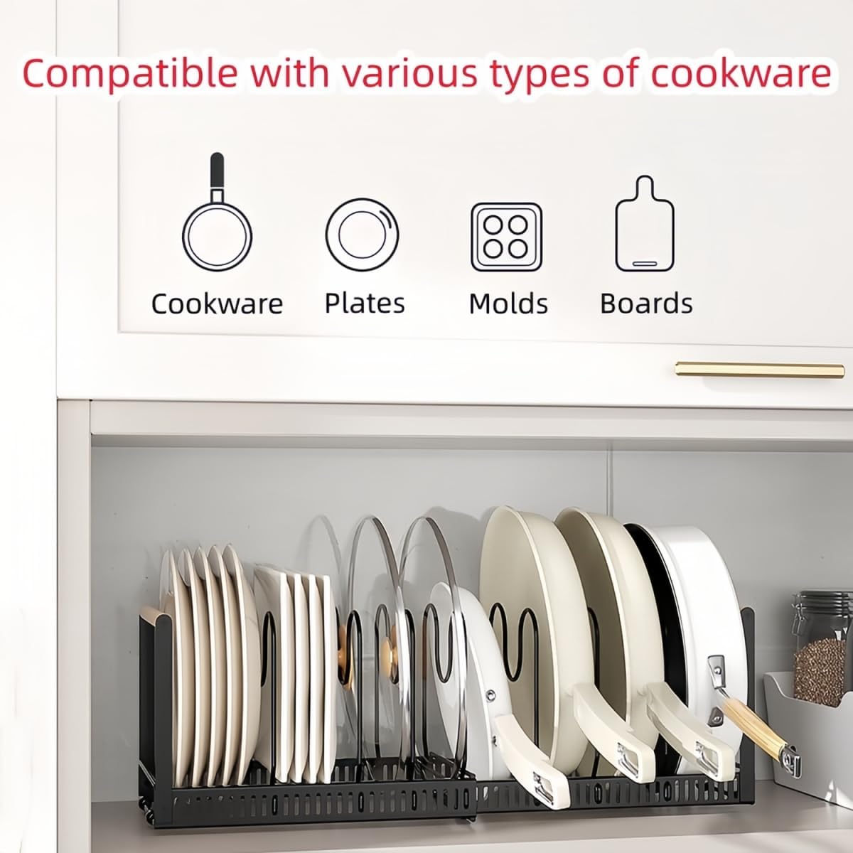 9SHOME Pot Pan Organiser Rack For Cabinet, Pot Lid Organizer Pan Holder Rack with 3 DIY Methods, Cookware Rack for Kitchen Cupboard Pantry, Height and Position Adjustable, Stainless steel