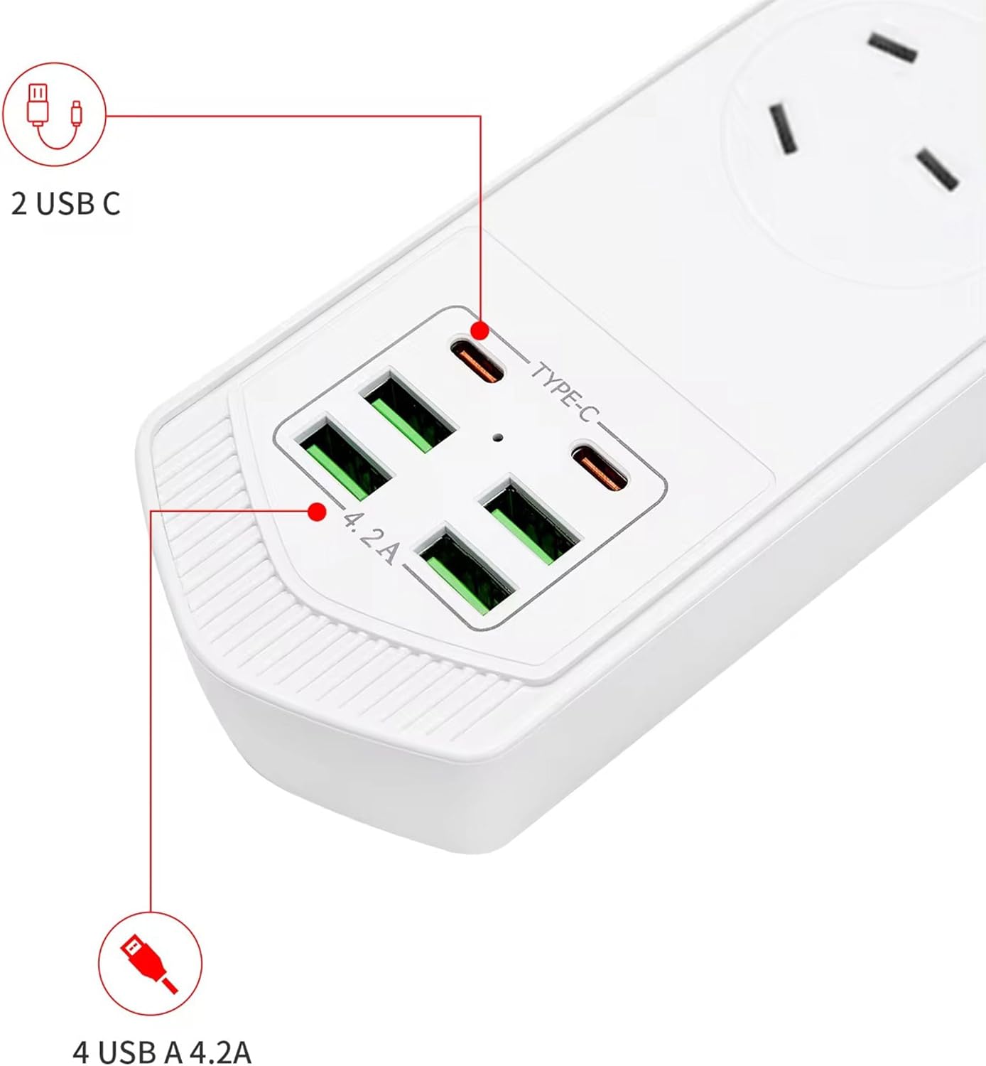 Power Board Surge Protector with USB, FINELAKEFOSEA 3000W Power Strip with 2 USB C & 4 USB A Ports, 2M Meter Extension Cord with Switch & 4 Outlets, Power Strip for Home Office Travel Dorm Desk