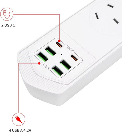 Power Board Surge Protector with USB, FINELAKEFOSEA 3000W Power Strip with 2 USB C & 4 USB A Ports, 2M Meter Extension Cord with Switch & 4 Outlets, Power Strip for Home Office Travel Dorm Desk