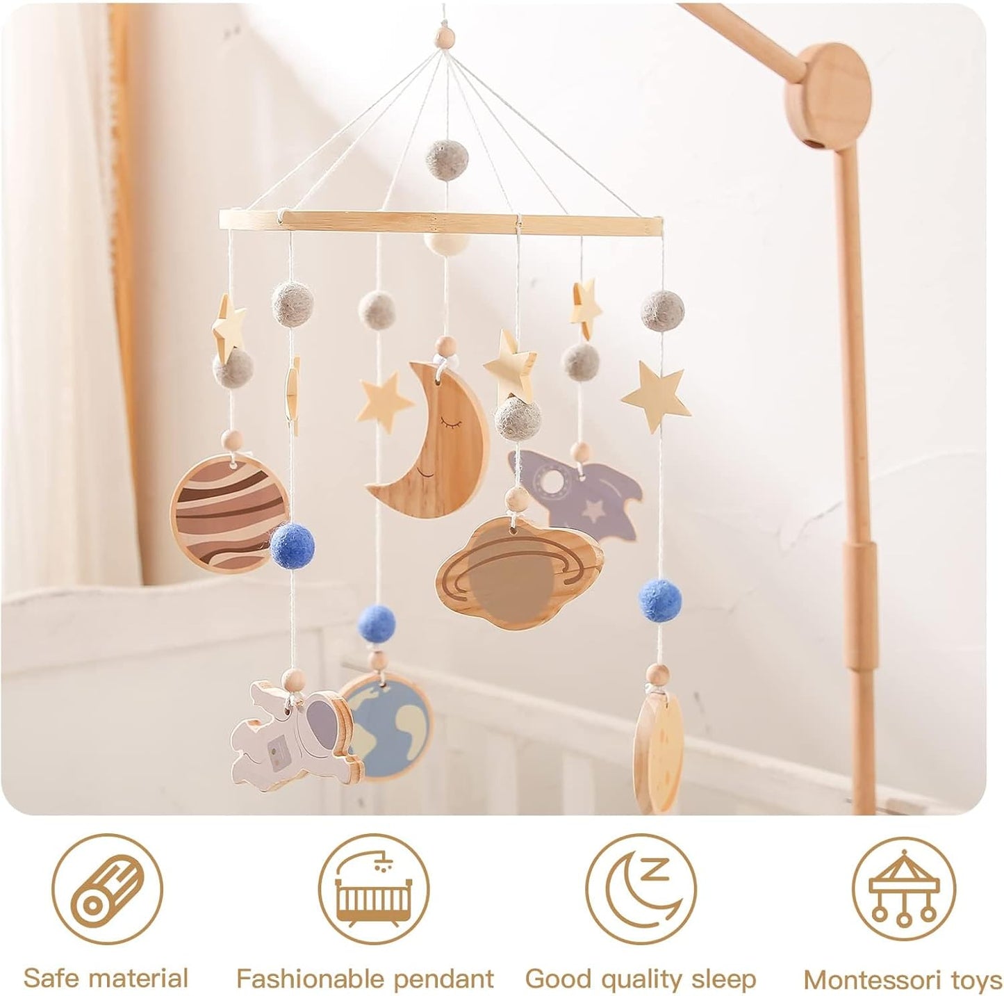 Beechwood Crib Mobile Holder - 360° Rotate, Adjustable Arm - Natural Wood, Minimalist - For Cribs No Side Rails - Baby Nursery Decor
