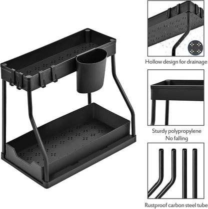 Puricon 2 Pack Under Sink Organizer, 2-Tier L-Shape Sliding Under Sink Organizers and Storage, Under Counter Storage Organizer Pull Out Under Sink Storage for Kitchen Bathroom -Black