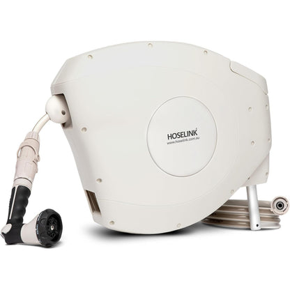 HOSELINK 30M Retractable Garden Hose Reel (Beige), 8-Pattern Spray Nozzle, UV-Stabilized Kink-Free Hose, Wall Mounted Complete Watering Solution for Backyard, Garden & Outdoor