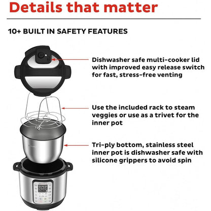 Instant Pot Duo 7-in-1 Multicooker, 5.7L - Pressure Cooker, Slow Cooker, Rice Cooker, Sauté Pan, Yogurt Maker, Steamer and Food Warmer, Brushed Stainless Steel,Black/ Grey