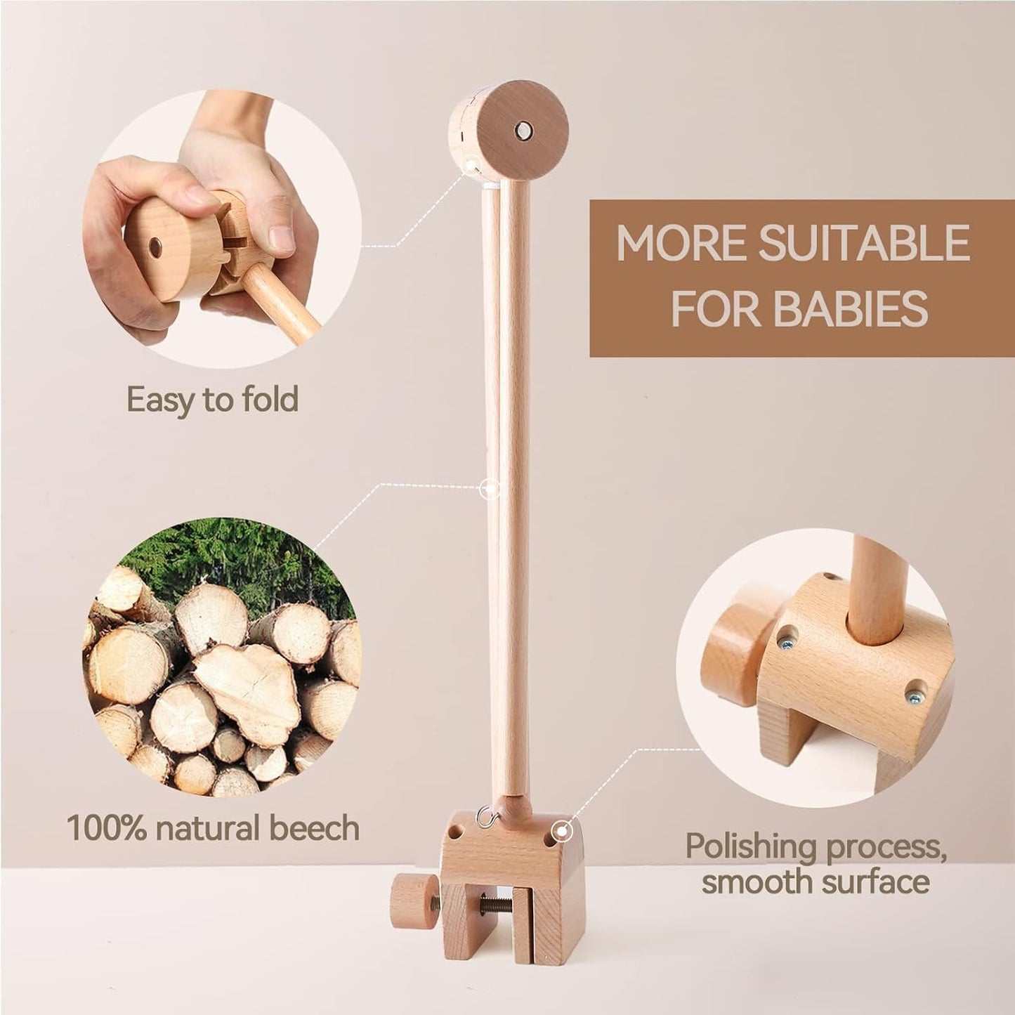 Beechwood Crib Mobile Holder - 360° Rotate, Adjustable Arm - Natural Wood, Minimalist - For Cribs No Side Rails - Baby Nursery Decor