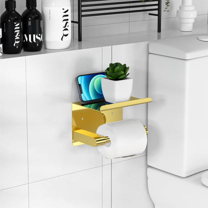 Black Toilet Paper Holder with Phone Shelf - Rustproof Bathroom Decor