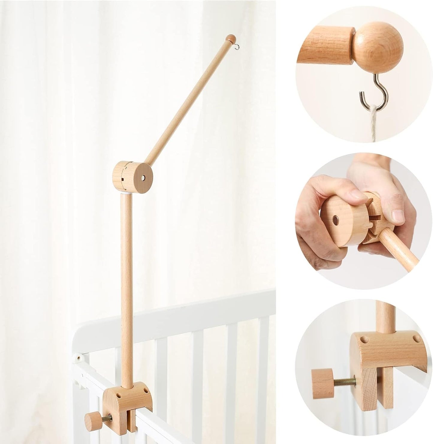 Beechwood Crib Mobile Holder - 360° Rotate, Adjustable Arm - Natural Wood, Minimalist - For Cribs No Side Rails - Baby Nursery Decor