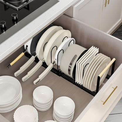 9SHOME Pot Pan Organiser Rack For Cabinet, Pot Lid Organizer Pan Holder Rack with 3 DIY Methods, Cookware Rack for Kitchen Cupboard Pantry, Height and Position Adjustable, Stainless steel