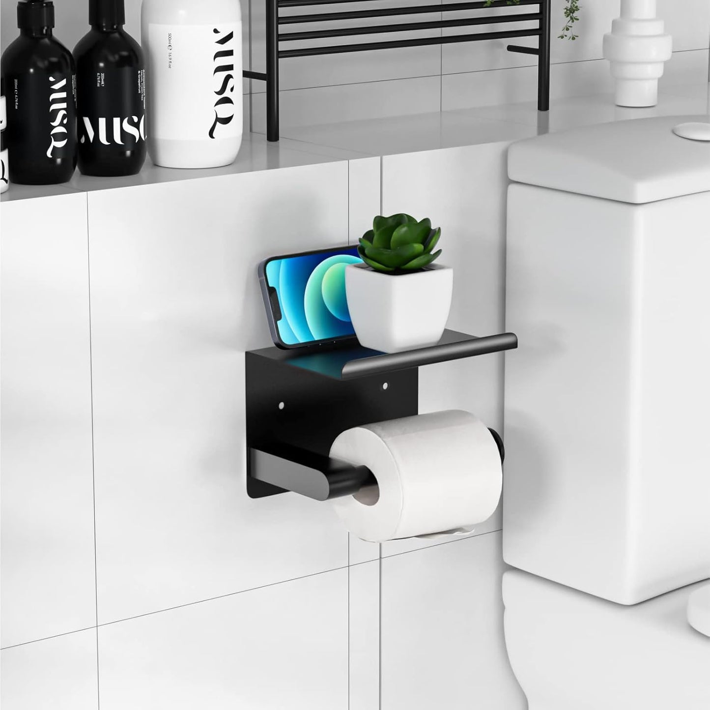 Black Toilet Paper Holder with Phone Shelf - Rustproof Bathroom Decor
