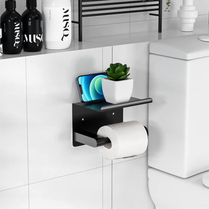 Black Toilet Paper Holder with Phone Shelf - Rustproof Bathroom Decor