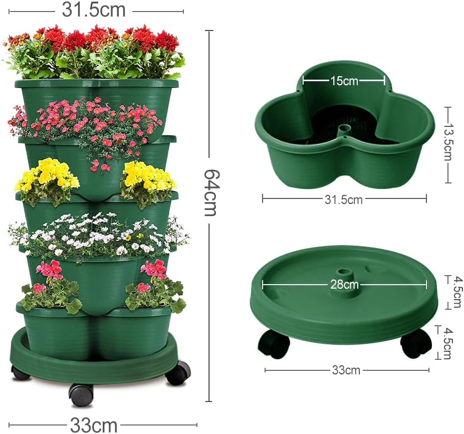 SpringUp 5 Tier Vertical Garden Strawberry Stackable Planters Herbs Petunias Pancy, Vegetable Planter Indoor Outdoor Gardening Pots with Removable Wheels and Tools (White)
