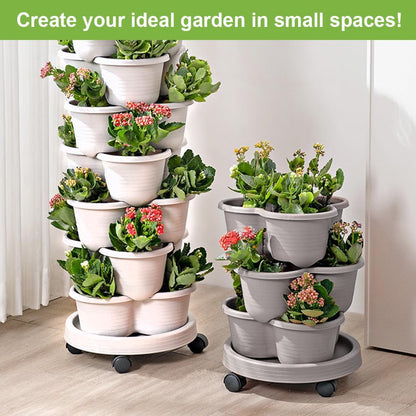 SpringUp 5 Tier Vertical Garden Strawberry Stackable Planters Herbs Petunias Pancy, Vegetable Planter Indoor Outdoor Gardening Pots with Removable Wheels and Tools (White)