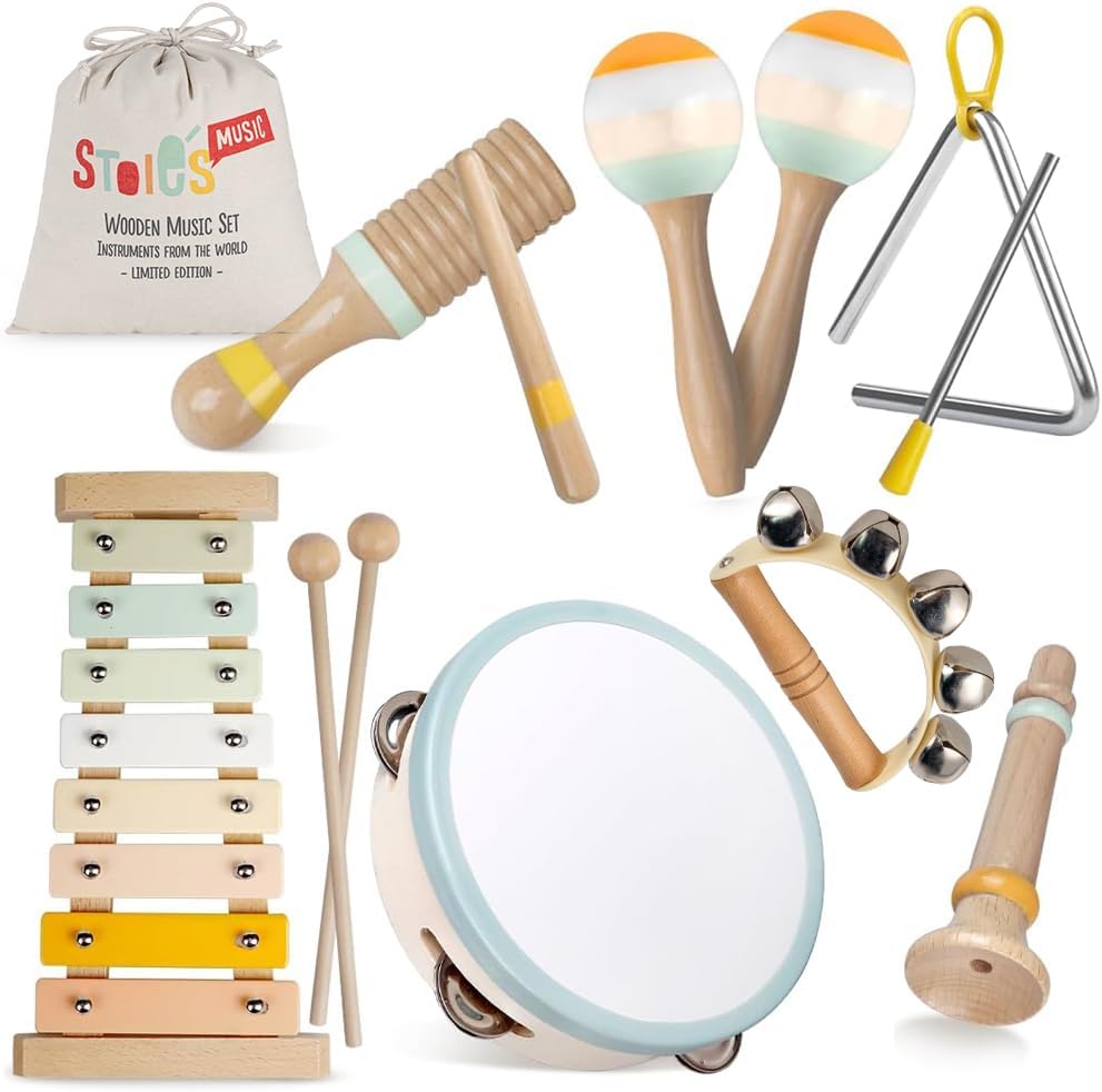 Stoie's Wooden Musical Instruments for Toddlers 1-3, Montessori Music Toys for 1 Year Old, with Xylophone, Tambourine and Maracas, Educational Development and Creativity, Baby Musical Instruments