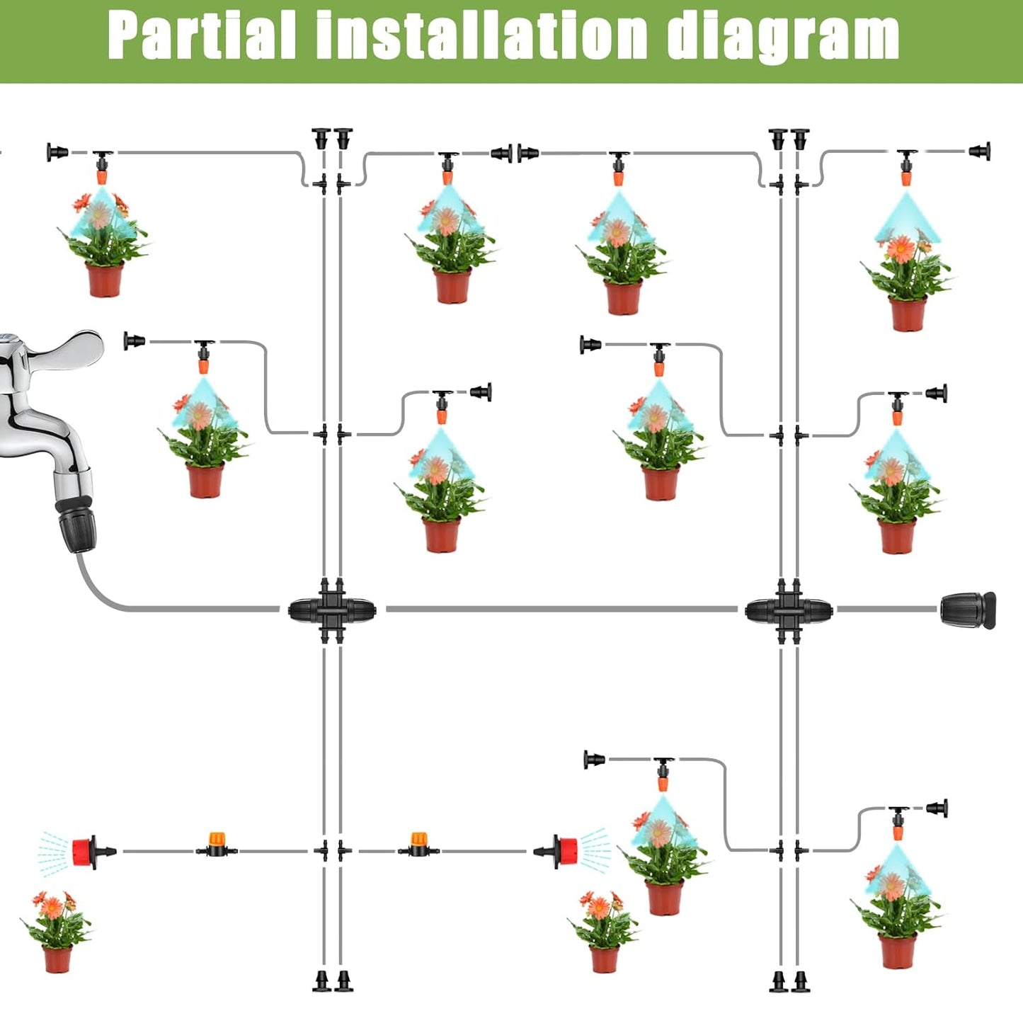 Tivddikun Drip Irrigation Kit, 360° Bendable Watering System with 49FT/15M Drip Irrigation Hose, 20 T-joints, 15 Adjustable Brass Misting Nozzles, 10 Fixed Stems, Anti-blocked Universal Faucet Adapter