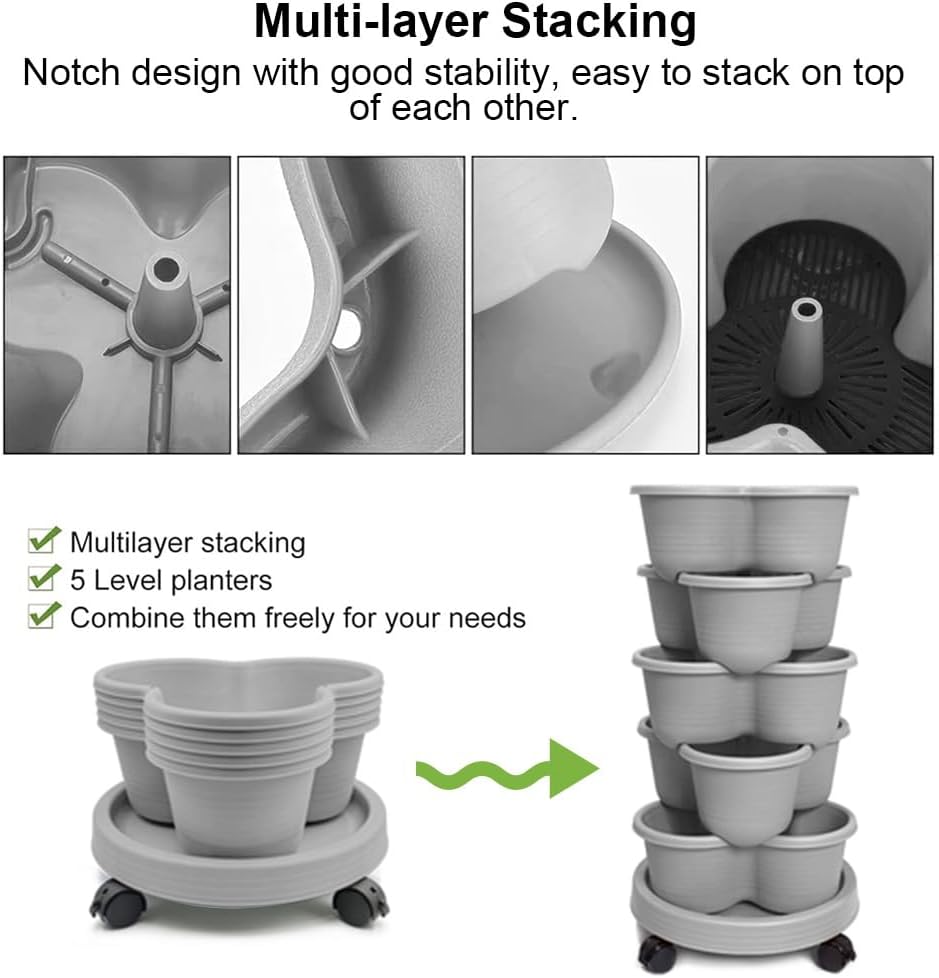 SpringUp 5 Tier Vertical Garden Strawberry Stackable Planters Herbs Petunias Pancy, Vegetable Planter Indoor Outdoor Gardening Pots with Removable Wheels and Tools (White)