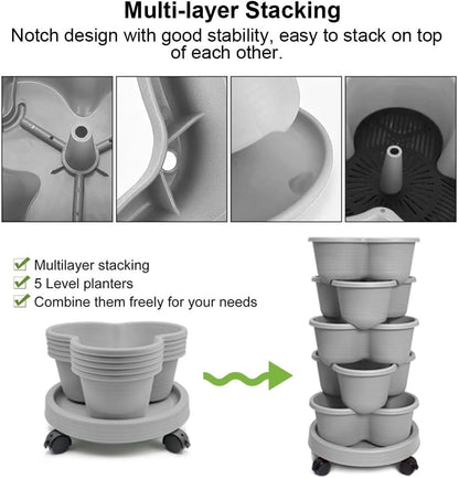 SpringUp 5 Tier Vertical Garden Strawberry Stackable Planters Herbs Petunias Pancy, Vegetable Planter Indoor Outdoor Gardening Pots with Removable Wheels and Tools (White)