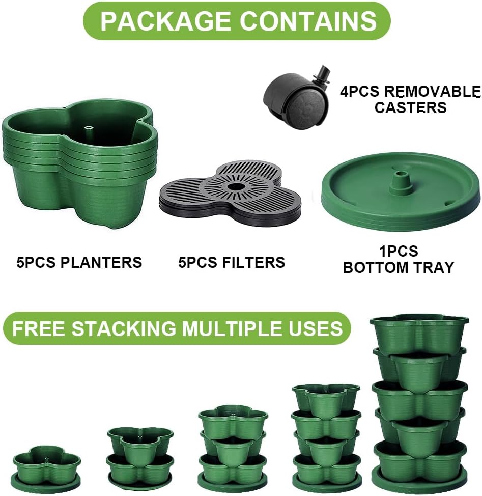 SpringUp 5 Tier Vertical Garden Strawberry Stackable Planters Herbs Petunias Pancy, Vegetable Planter Indoor Outdoor Gardening Pots with Removable Wheels and Tools (White)