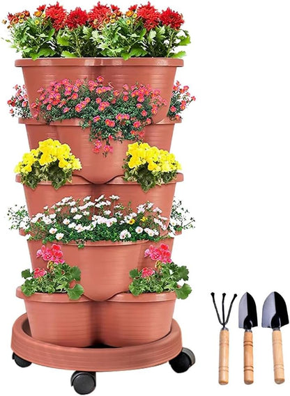 SpringUp 5 Tier Vertical Garden Strawberry Stackable Planters Herbs Petunias Pancy, Vegetable Planter Indoor Outdoor Gardening Pots with Removable Wheels and Tools (White)