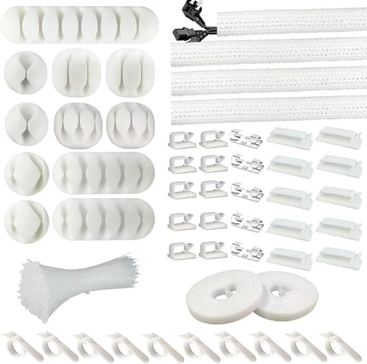 [152 Pcs] Cord Management Organizer Kit, 4 Split Cable Sleeve, 36 Self Adhesive Cable Clips Holder 10 Pcs, 2 Rolls of Self Adhesive Ties, 100 Fastening Zip Cable Ties (Black)