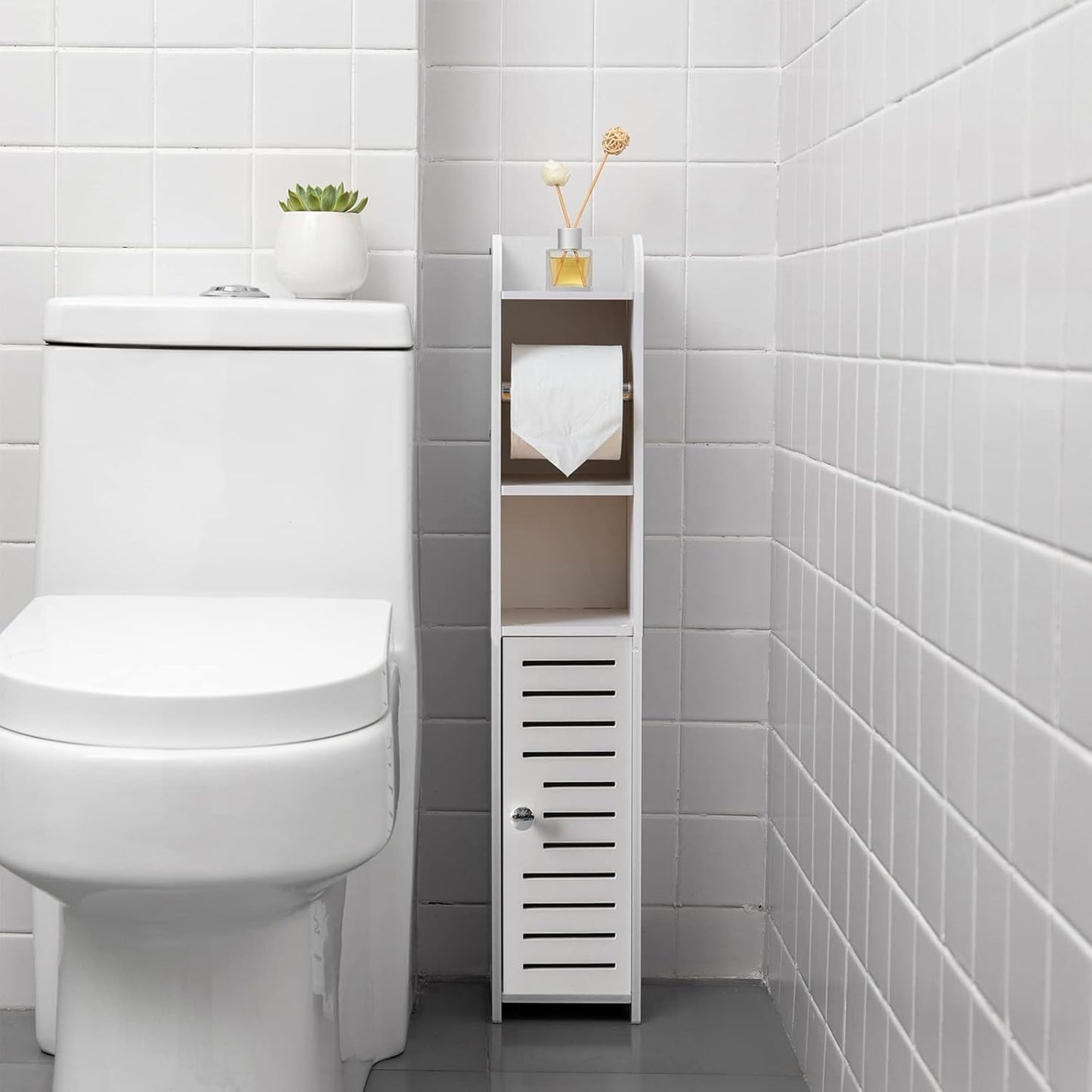 Freestanding Toilet Paper Storage with Phone Holder | Small Bathroom Organiser