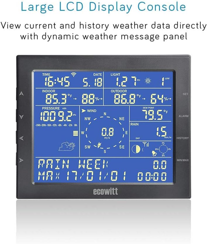 ECOWITT WS2910 Wi-Fi Weather Station Color Display with Wireless Outdoor Solar Powered 7-in-1 Weather Sensor (Thermo-Hygrometer/Rain Gauge/Wind Speed Sensor/Wind Direction Sensor, Light and UV)