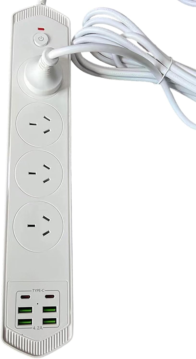 Power Board Surge Protector with USB, FINELAKEFOSEA 3000W Power Strip with 2 USB C & 4 USB A Ports, 2M Meter Extension Cord with Switch & 4 Outlets, Power Strip for Home Office Travel Dorm Desk