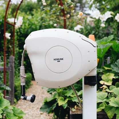 HOSELINK 30M Retractable Garden Hose Reel (Beige), 8-Pattern Spray Nozzle, UV-Stabilized Kink-Free Hose, Wall Mounted Complete Watering Solution for Backyard, Garden & Outdoor