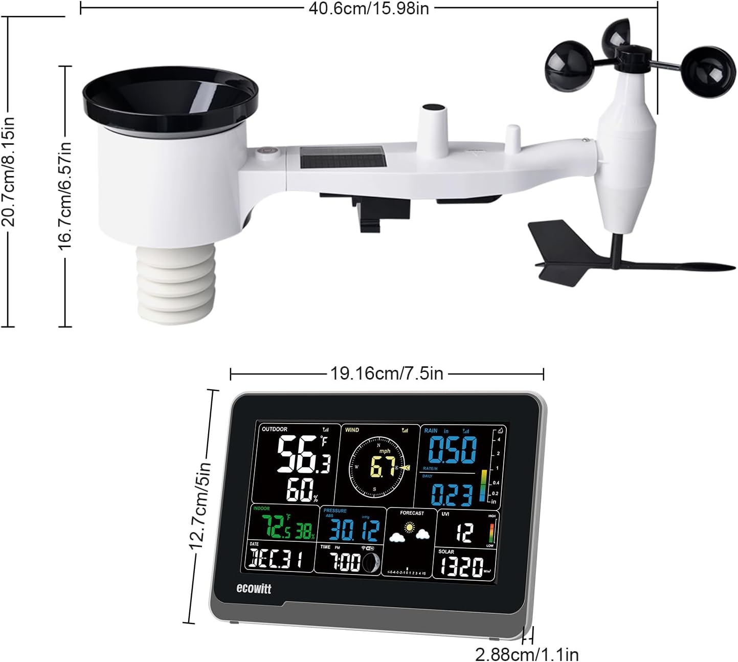 ECOWITT WS2910 Wi-Fi Weather Station Color Display with Wireless Outdoor Solar Powered 7-in-1 Weather Sensor (Thermo-Hygrometer/Rain Gauge/Wind Speed Sensor/Wind Direction Sensor, Light and UV)