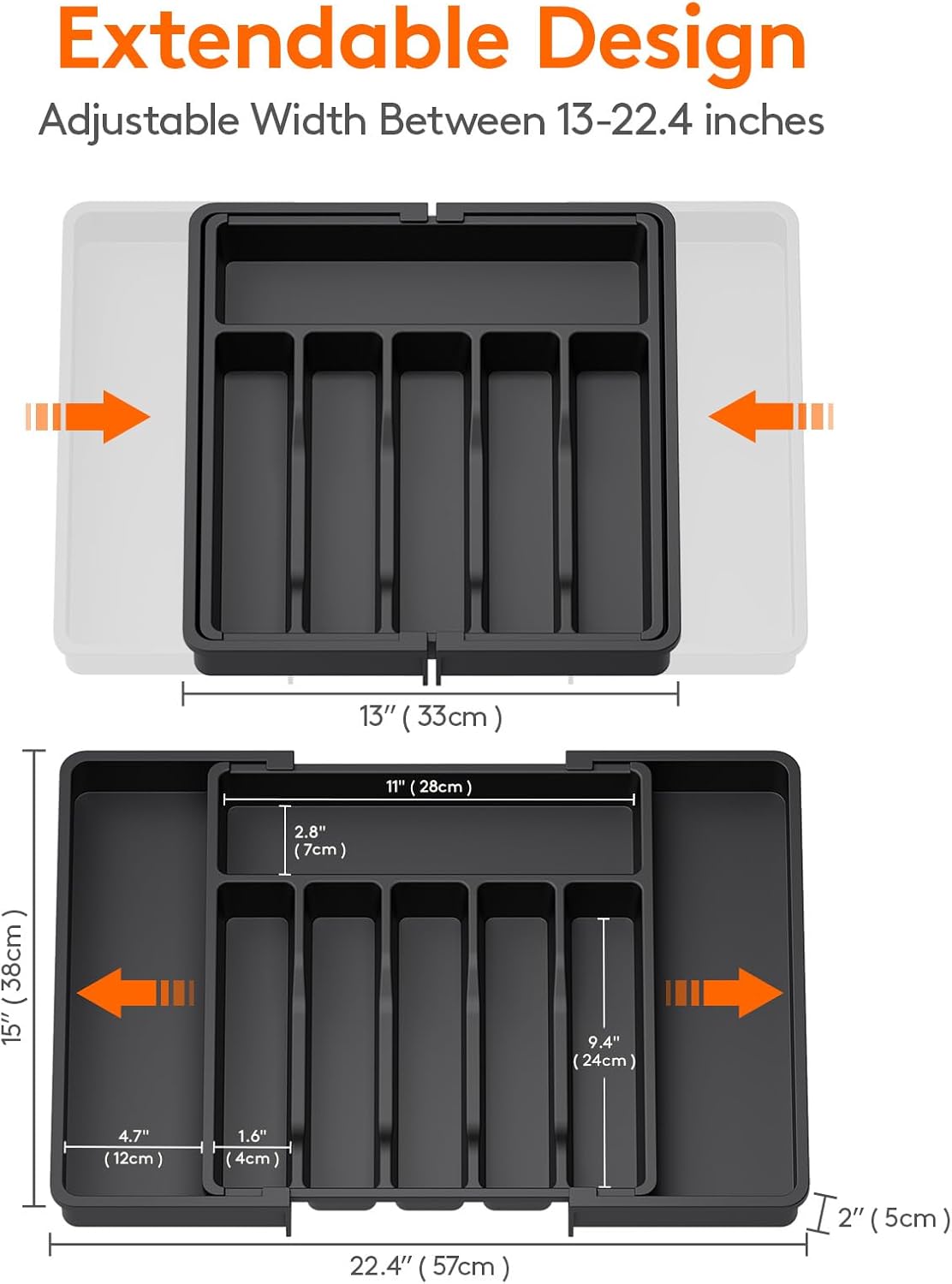Lifewit Cutlery Drawer Organiser, Expandable Utensil Tray for Kitchen, Adjustable Silverware and Flatware Holder, Compact Plastic Storage for Spoons Forks Knives, Large, Black