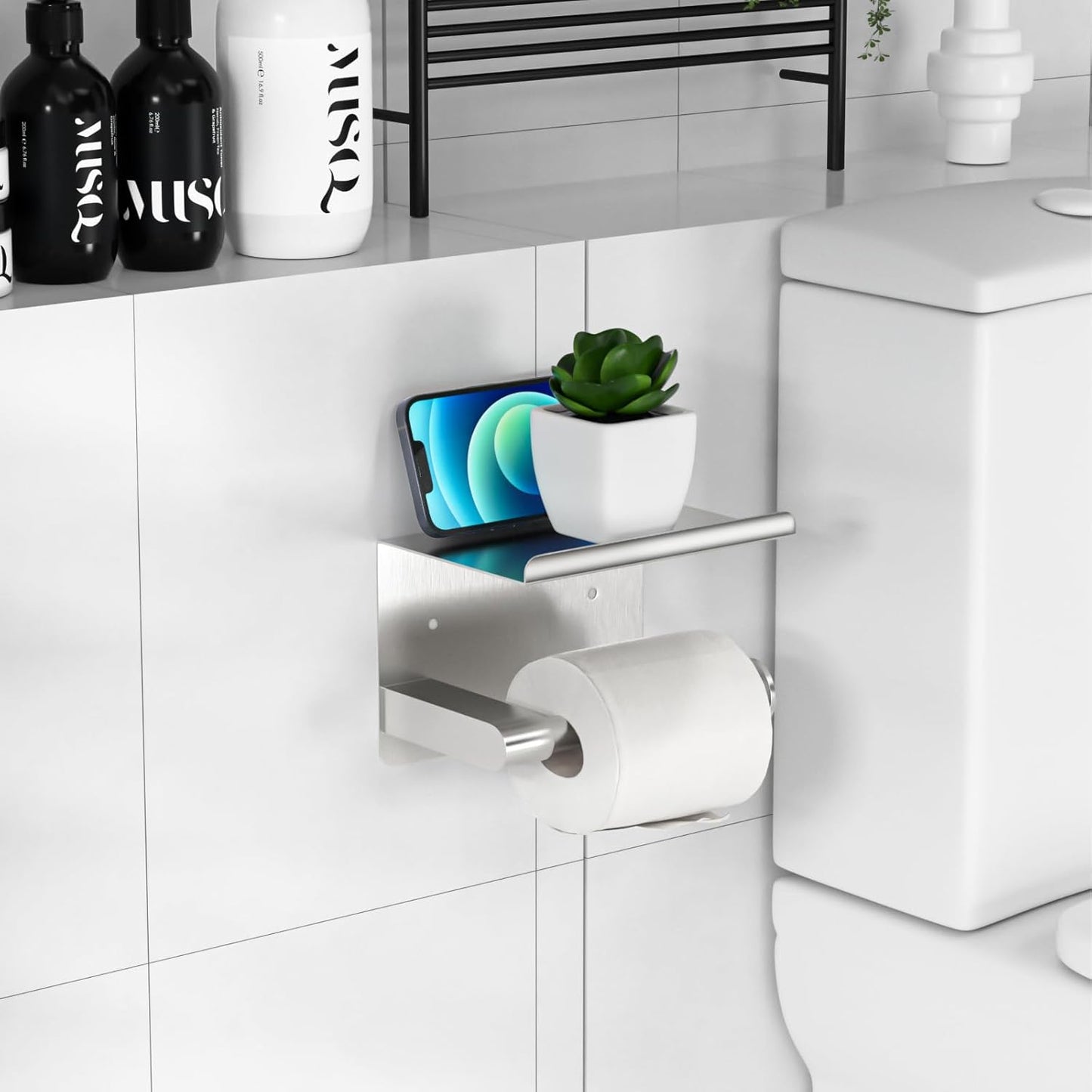 Black Toilet Paper Holder with Phone Shelf - Rustproof Bathroom Decor