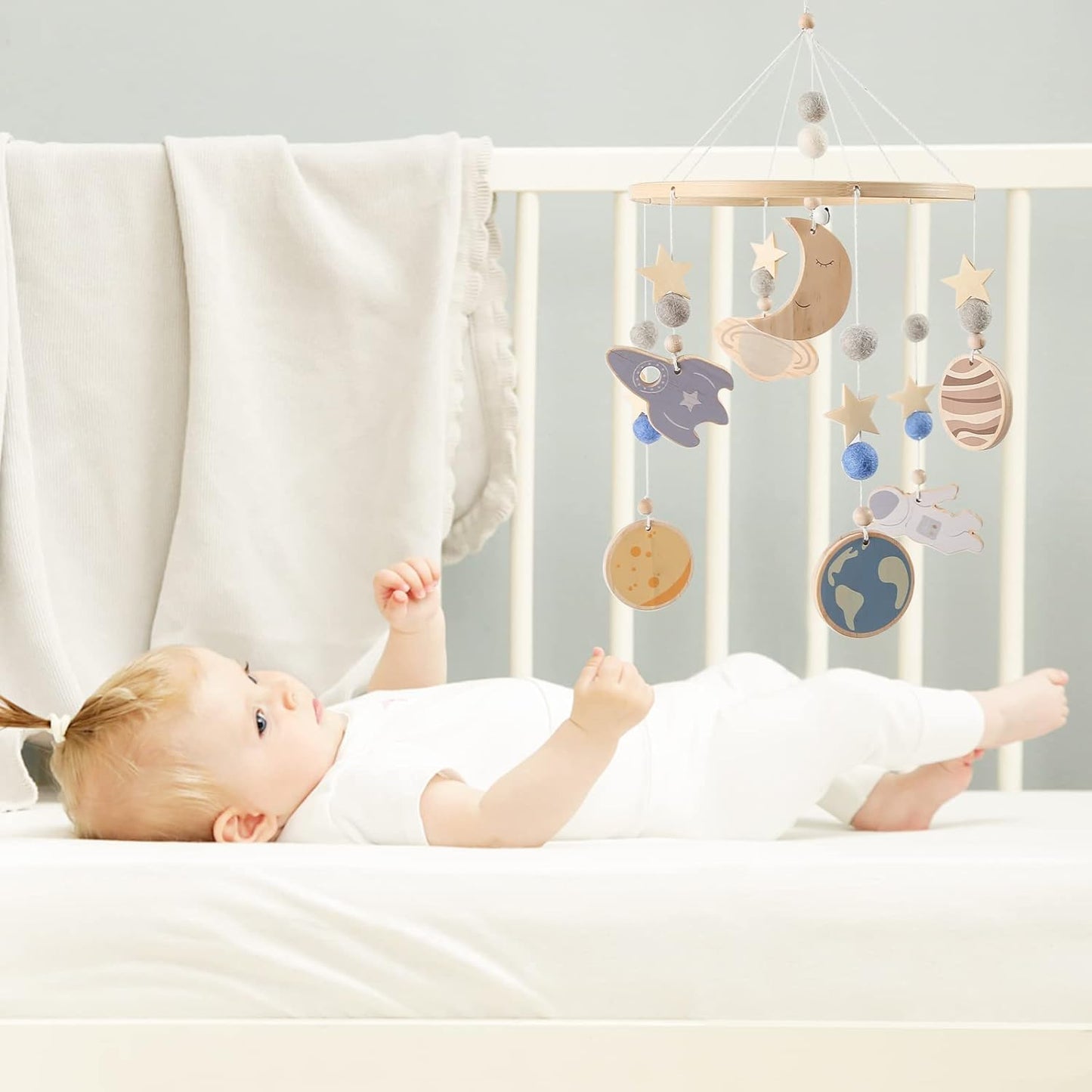 Beechwood Crib Mobile Holder - 360° Rotate, Adjustable Arm - Natural Wood, Minimalist - For Cribs No Side Rails - Baby Nursery Decor