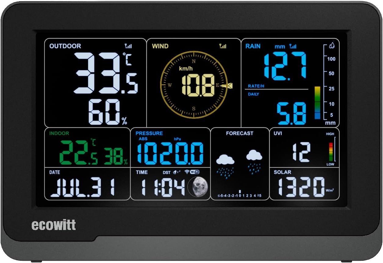 ECOWITT WS2910 Wi-Fi Weather Station Color Display with Wireless Outdoor Solar Powered 7-in-1 Weather Sensor (Thermo-Hygrometer/Rain Gauge/Wind Speed Sensor/Wind Direction Sensor, Light and UV)